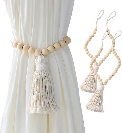 AFFRUI Farmhouse Curtain Tiebacks Boho Wood Beads Brass Hooks