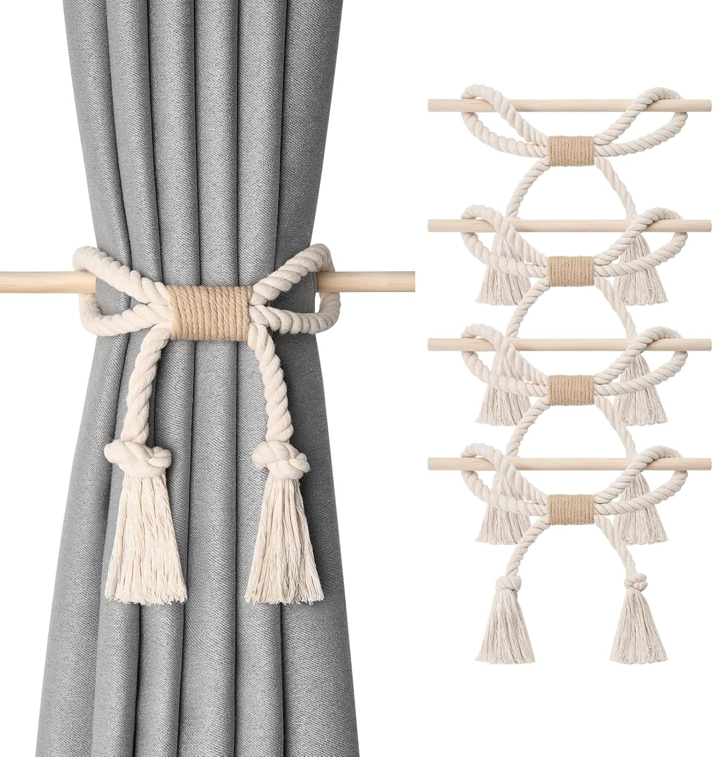 NICEEC Natural Cotton Rope Curtain Tiebacks Boho Rustic 4 Pack