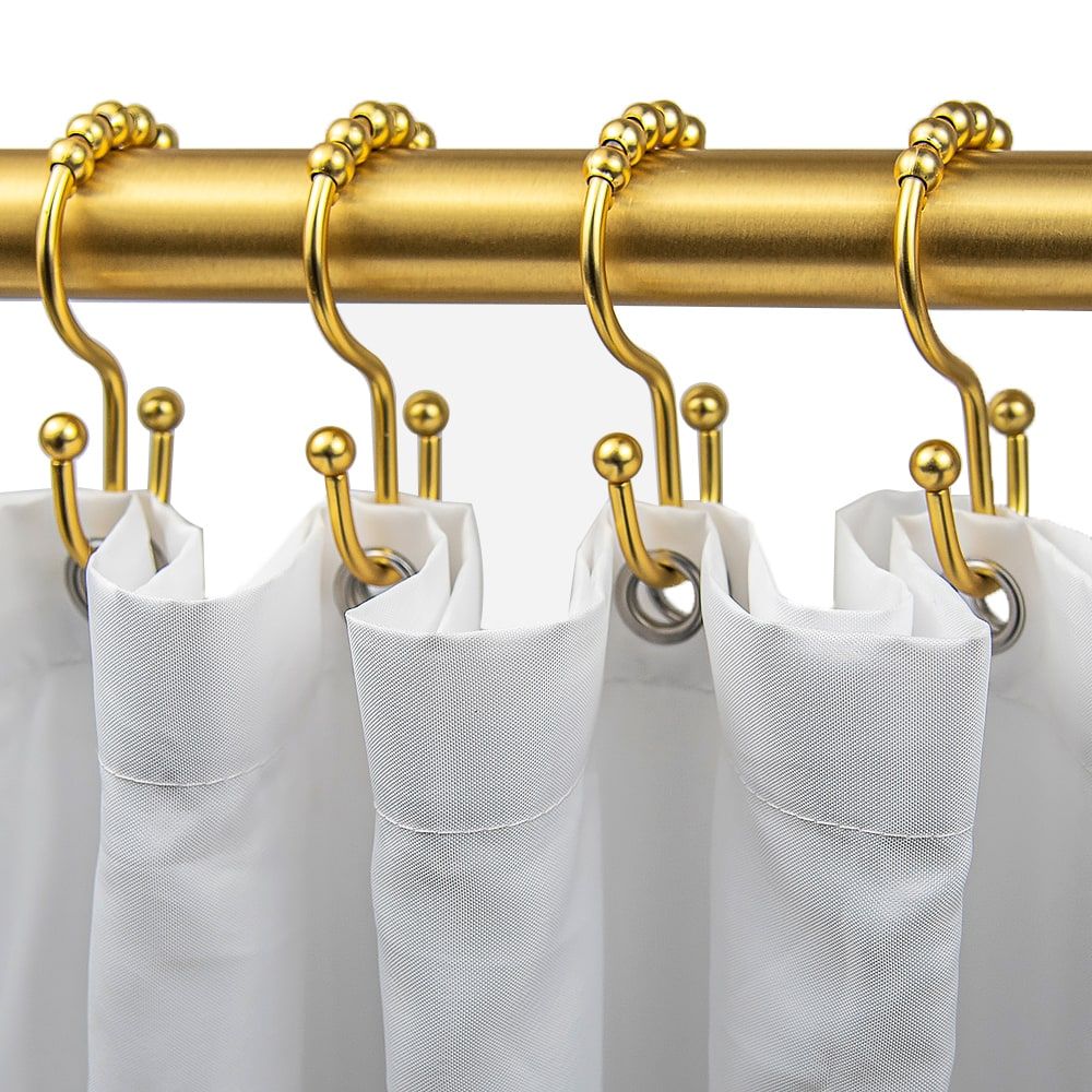 Premium Double Shower Curtain Hooks with Roller Beads - Polished Gold Rings