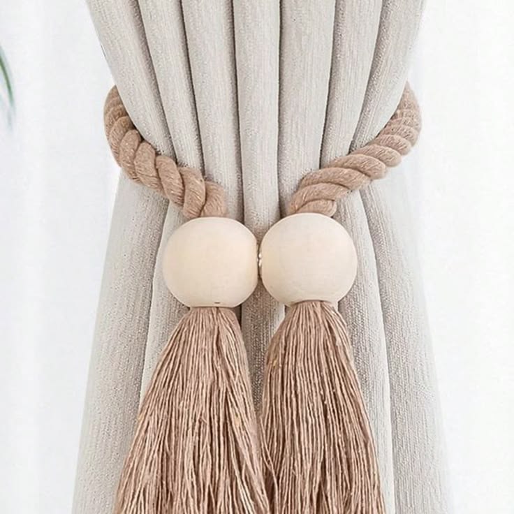 Boho Magnetic Curtain Tieback - Braided Rope with Wooden Beads & Tassels